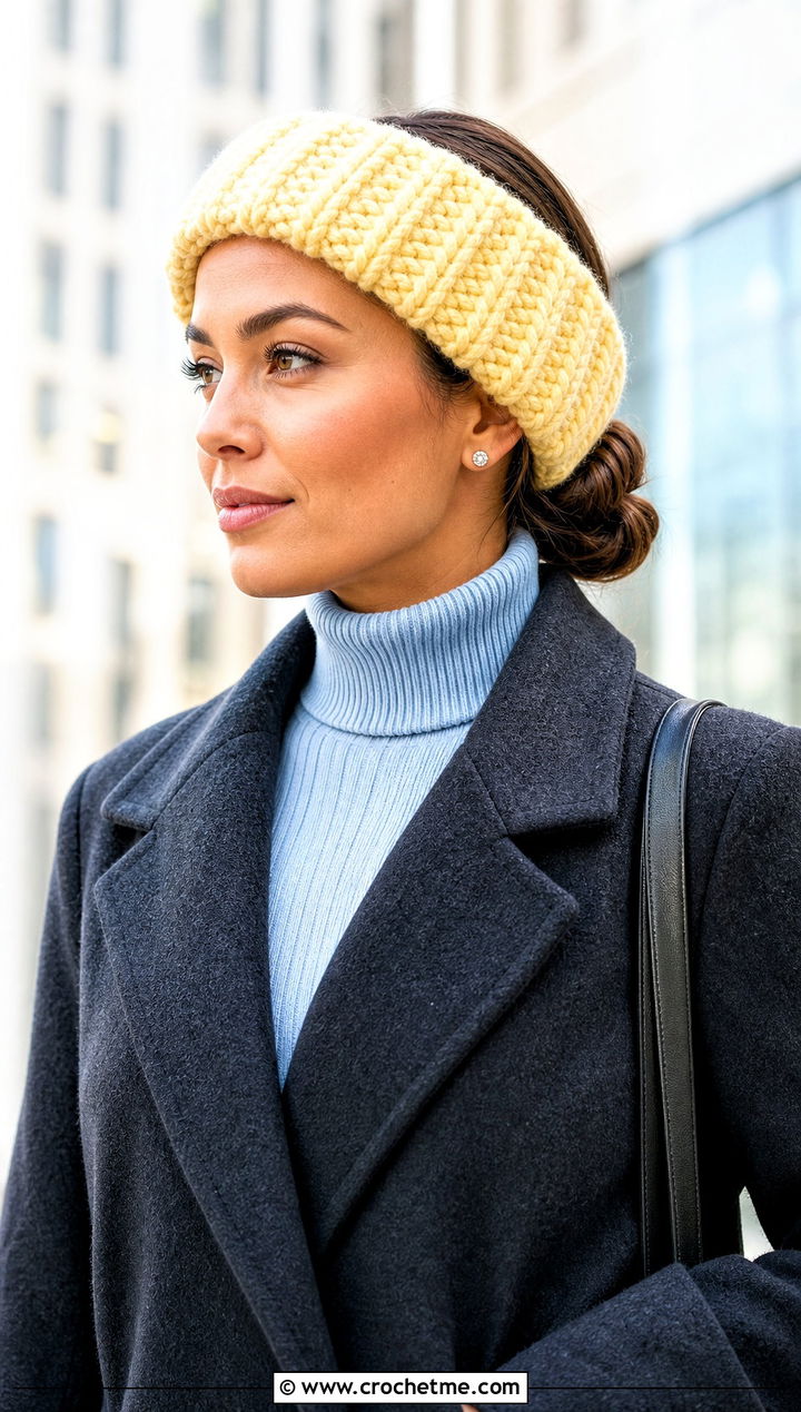 Ribbed Ear Warmer Crochet Headband With Wool Coat - 15 wool ease thick and quick crochet headband outfit ideas