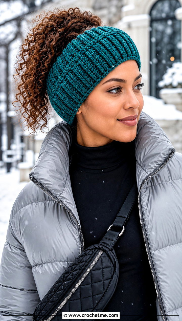 Ribbed Ear Warmer Crochet Ponytail Headband With Puffer Jacket - 20 Crochet Ponytail Headband outfit ideas
