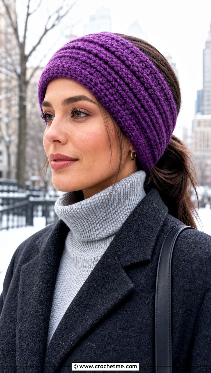 Ribbed Ear Warmer Headband With Wool Coat - 30 chunky crochet headband outfit ideas