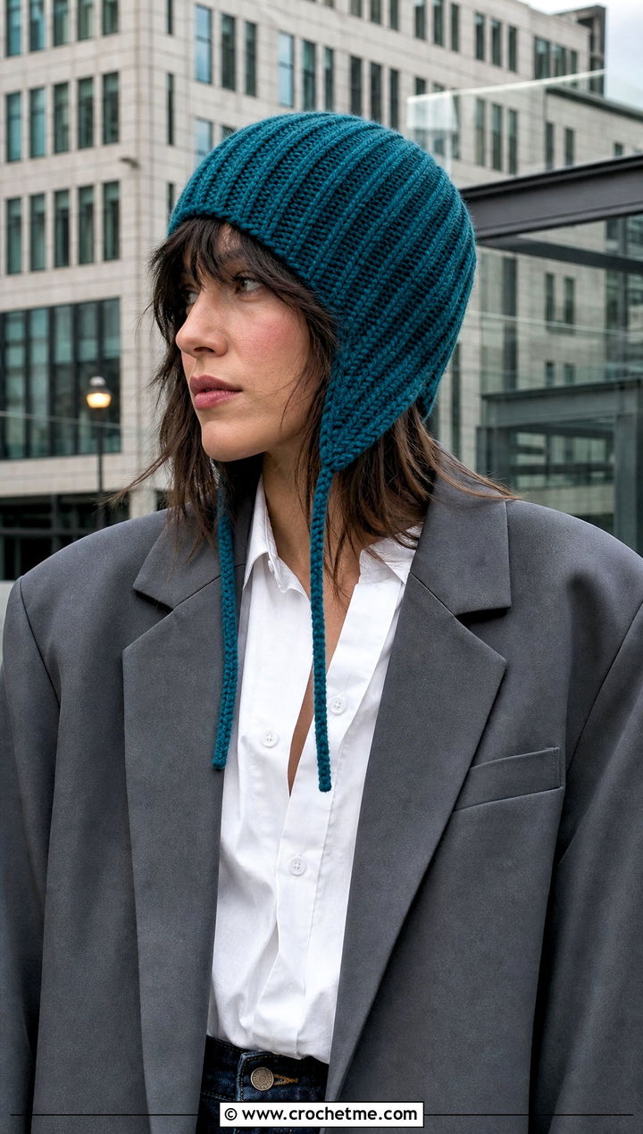 Ribbed Earflap Crochet Beanie With Blazer And Jeans - 25 Earflap Crochet Beanie outfit ideas