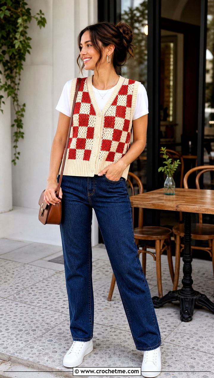 Ribbed Edge Checkered Crochet Vest With Straight Leg Jeans - 30 checkered crochet vest outfit ideas