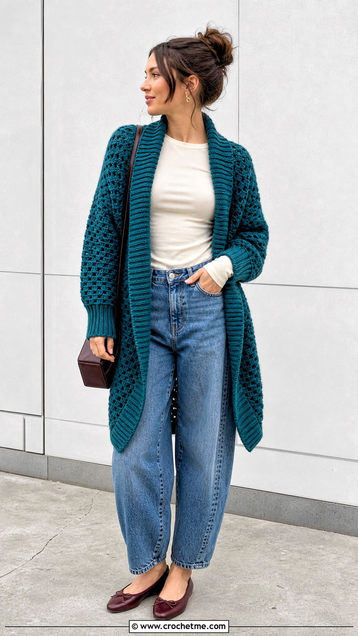 Ribbed Edge Crochet Blanket Cardigan With Barrel Jeans - 35 crochet blanket cardigan outfit ideas