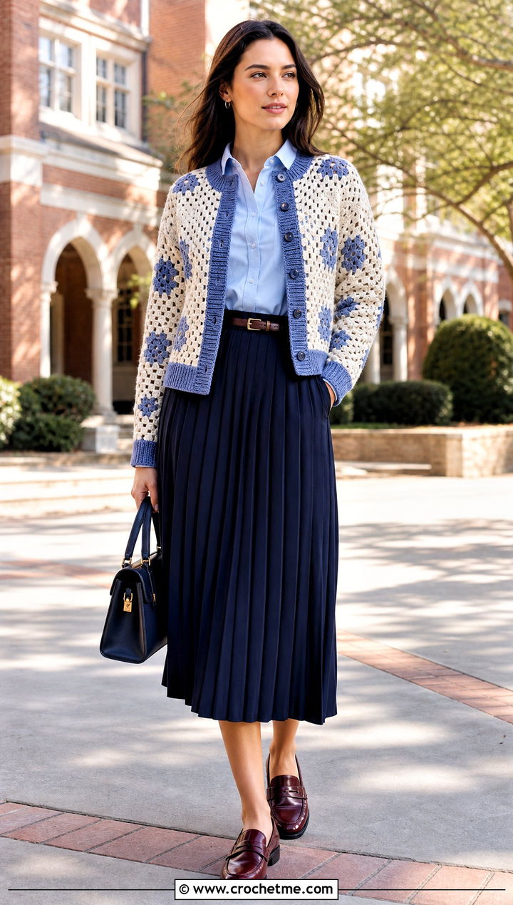 Ribbed Edge Crochet Cardigan With Pleated Midi Skirt - 15 crochet cardigan with blue accents outfit ideas