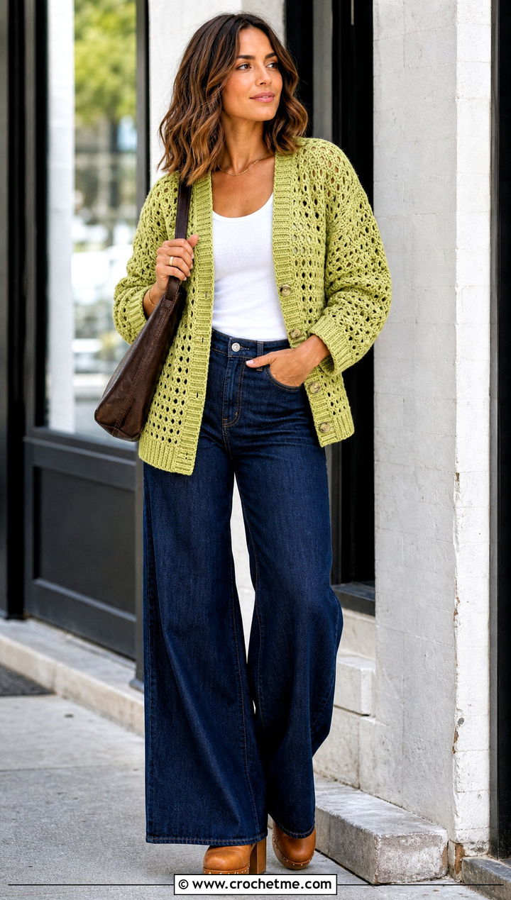 Ribbed Edge Crochet Cardigan With Wide Leg Jeans - 30 loose crochet cardigan outfit ideas