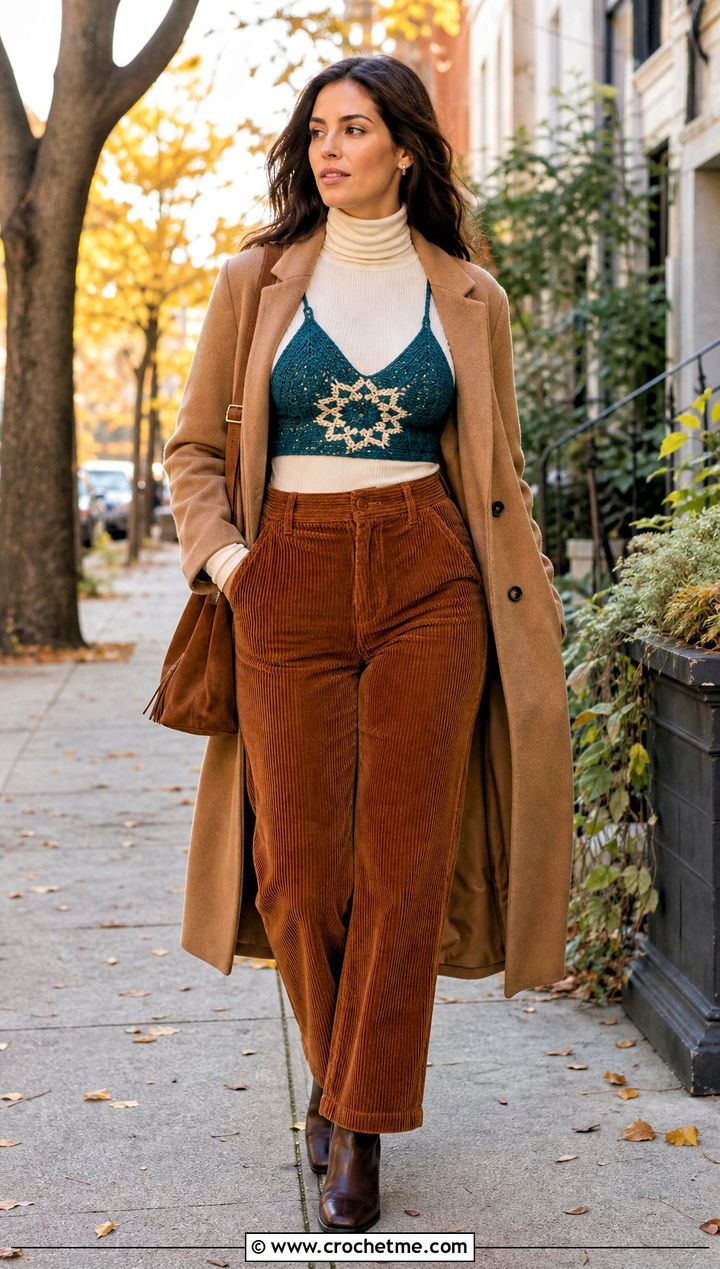 Ribbed Edge Crochet Star Bra With Corduroy Pants - 30 crochet star bra outfit ideas