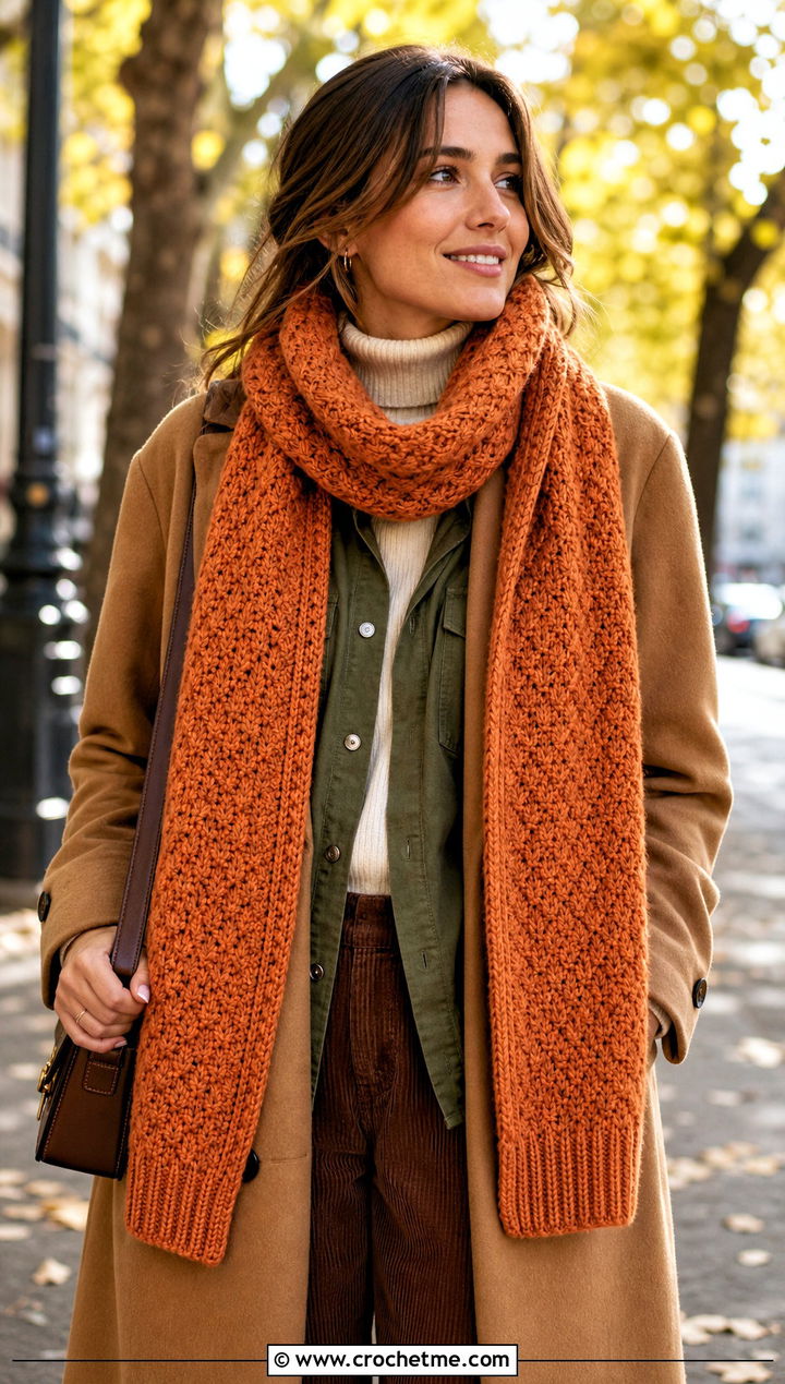 Ribbed Edge Crochet Star Stitch Scarf With Fall Layers - 25 Crochet Star Stitch Scarf outfit ideas