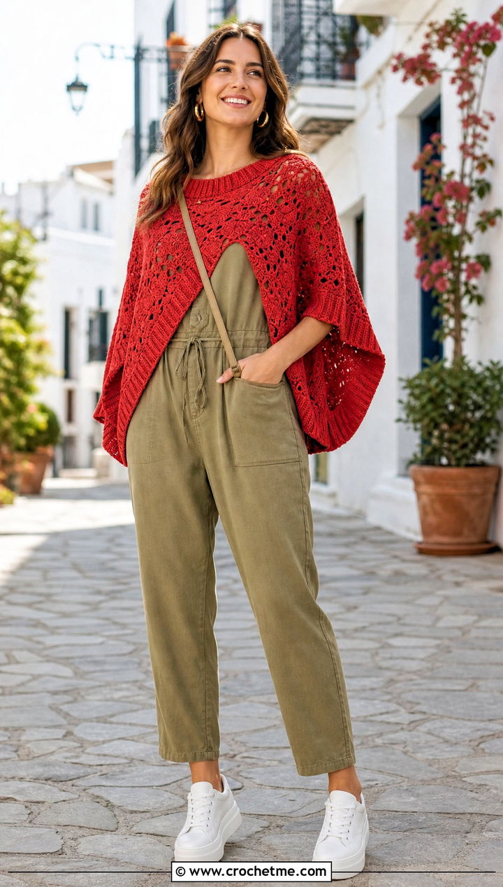 Ribbed Edge Crochet Summer Poncho With Utility Jumpsuit - 35 crochet summer poncho outfit ideas