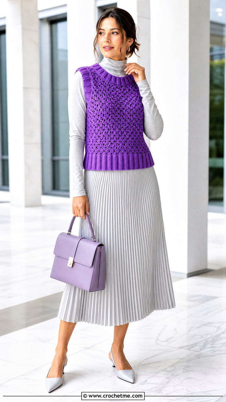 Ribbed Edge Crochet Sweater Vest With Pleated Midi Skirt - 35 crochet sweater vest outfit ideas