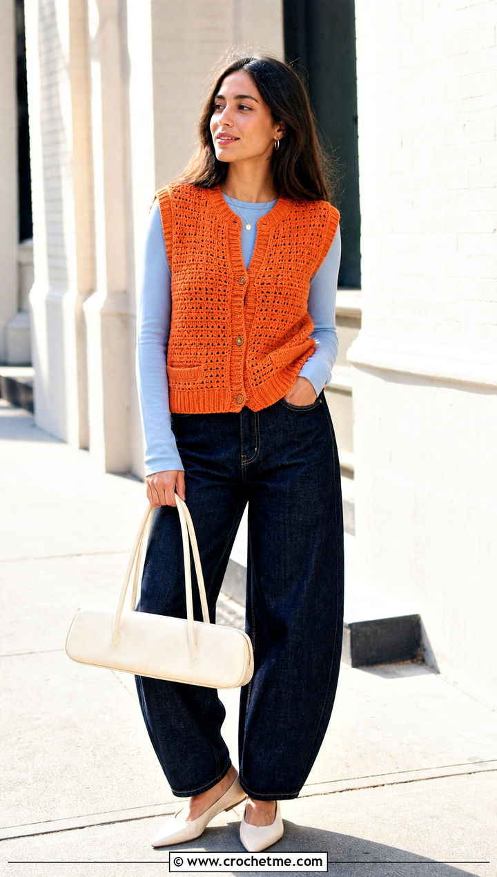 Ribbed Edge Crochet Vest With Barrel Jeans - 35 crochet vest for women outfit ideas
