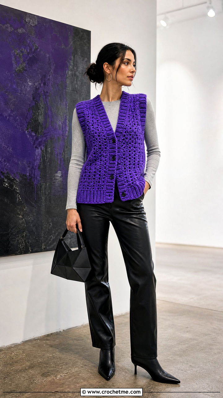 Ribbed Edge Crochet Waistcoat With Leather Pants - 35 crochet waistcoat outfit ideas