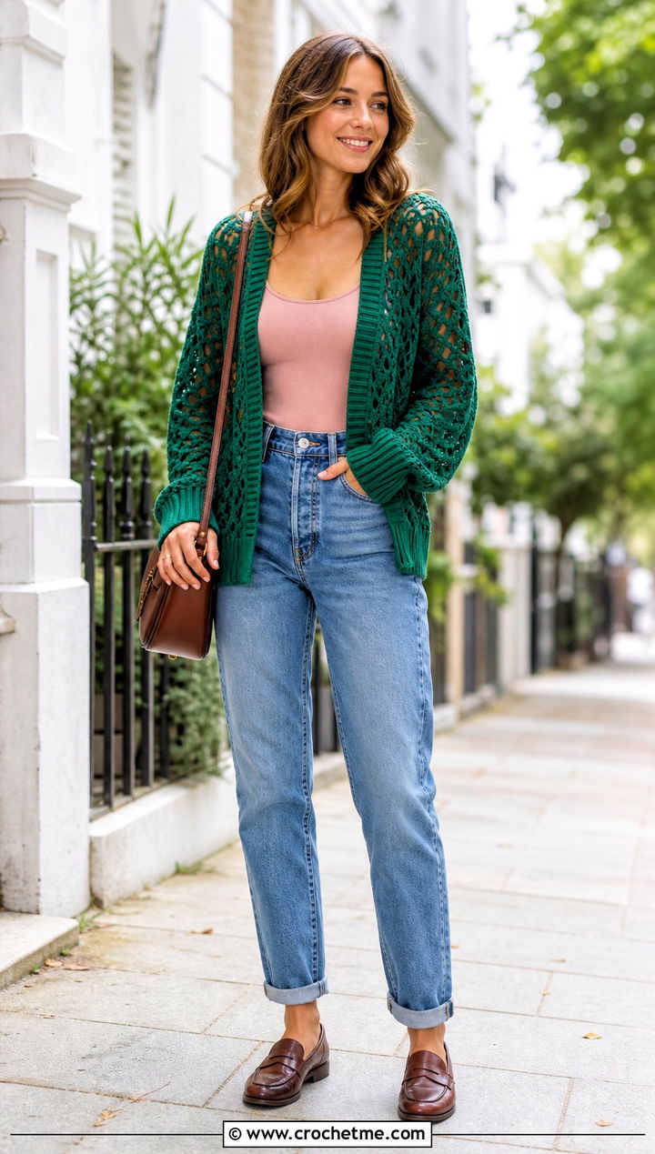 Ribbed Edge Diamond Crochet Cardigan With Mom Jeans - 30 diamond crochet cardigan outfit ideas