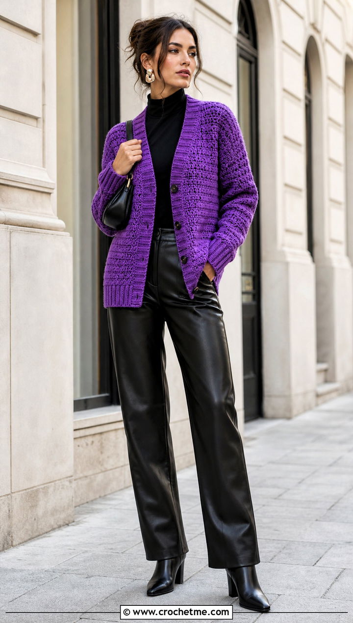 Ribbed Edge Double Crochet Cardigan With Leather Pants - 25 Double Crochet Cardigan outfit ideas