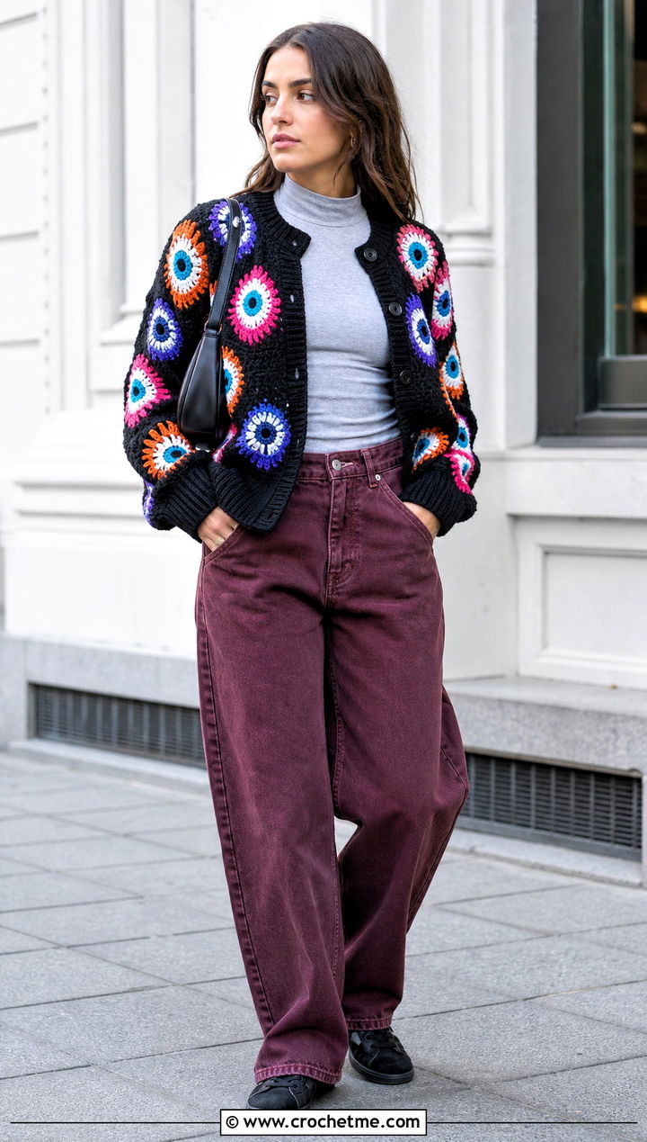 Ribbed Edge Eyeball Cardigan With Burgundy Barrel Jeans - 15 Crochet Eyeball Cardigan outfit ideas