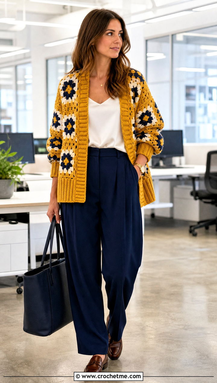 Ribbed Edge Giant Granny Square Cardigan With Pleated Trousers - 35 giant granny square cardigan outfit ideas