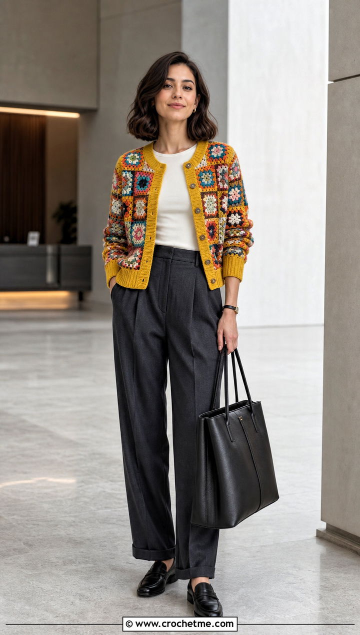 Ribbed Edge Granny Square Cardigan With Pleated Trousers - 35 Easy Simple Crochet Granny Square Cardigan outfit ideas