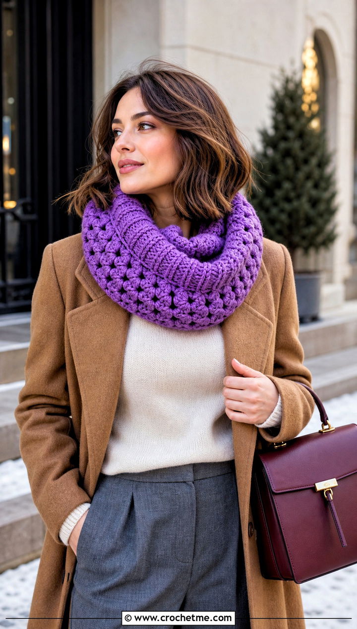 Ribbed Edge Granny Square Cowl With Wool Coat - 25 Granny Square Cowl outfit ideas