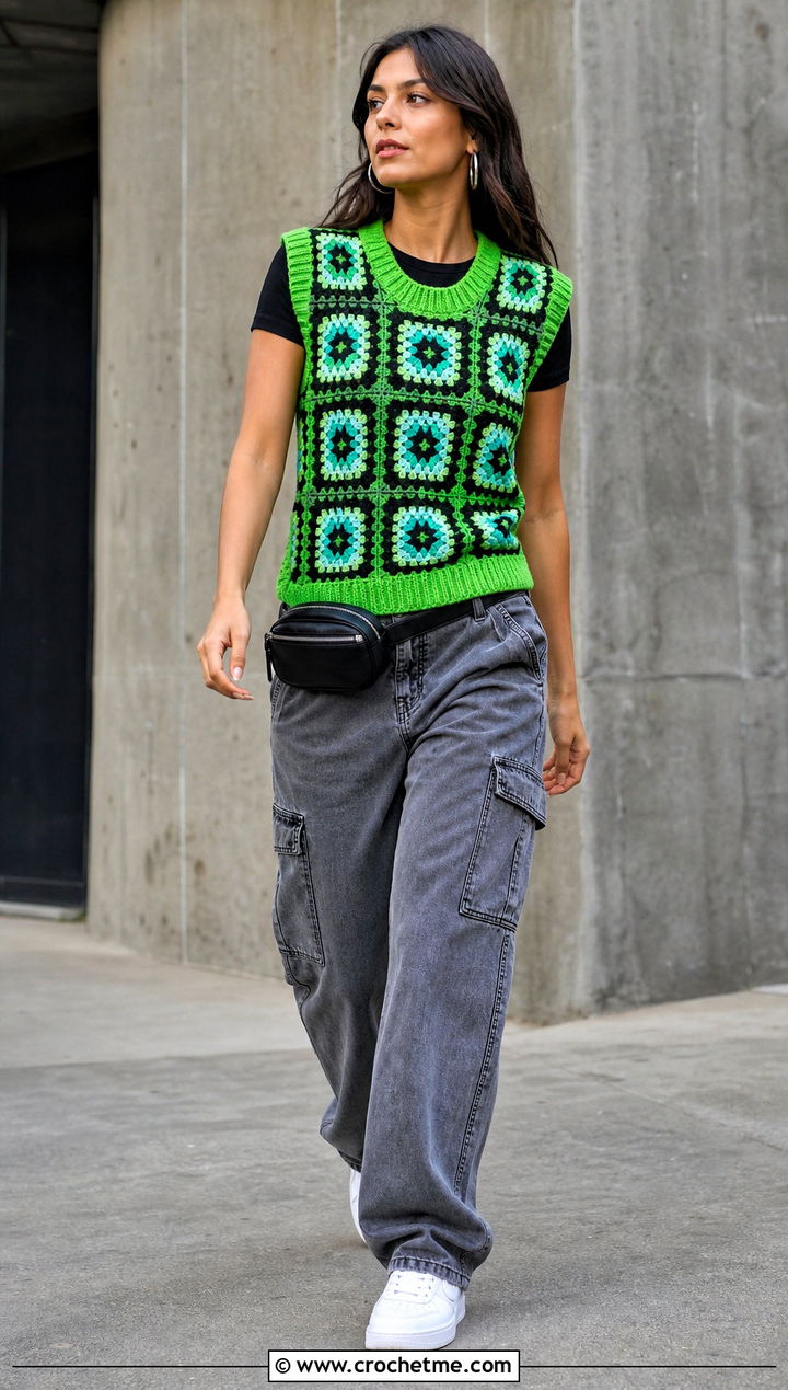 Ribbed Edge Granny Square Sweater Vest With Cargo Pants - 15 Crochet Granny Square Sweater Vest outfit ideas