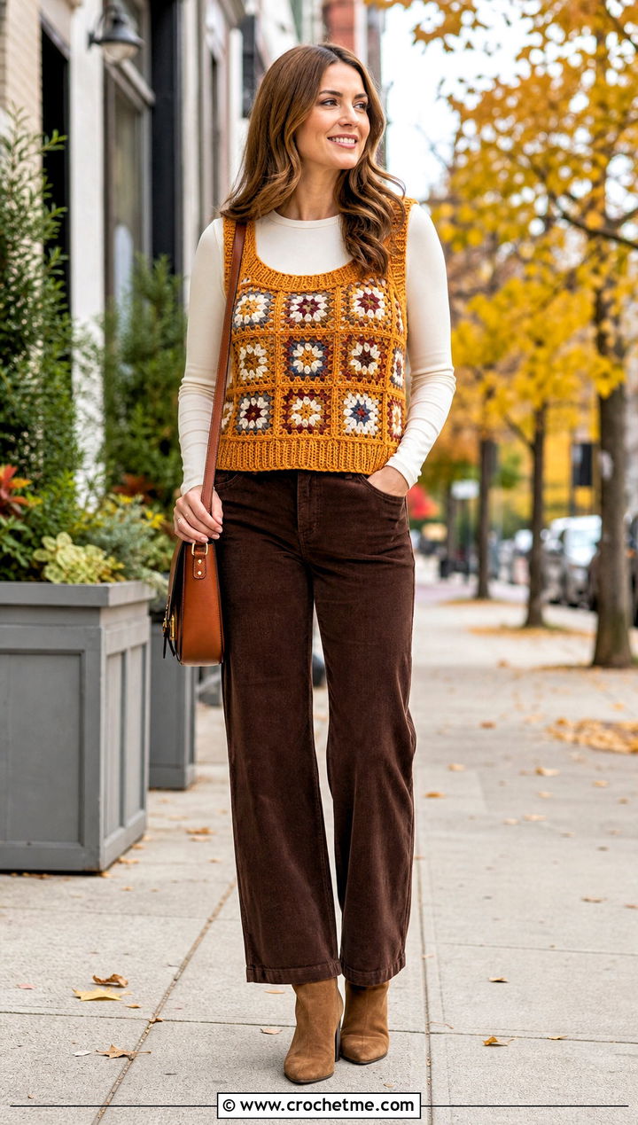Ribbed Edge Granny Square Tank With Corduroy Pants - 35 granny square tank outfit ideas