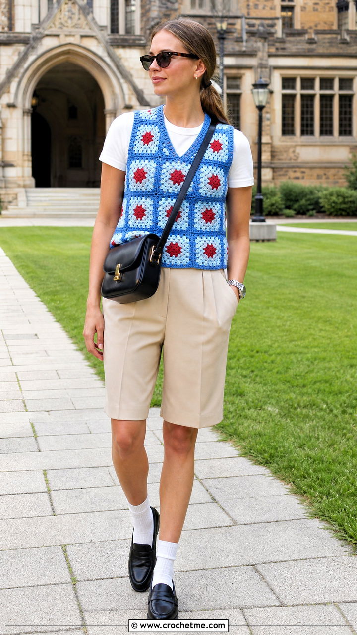 Ribbed Edge Granny Square Vest With Bermuda Shorts - 35 granny square vest outfit ideas