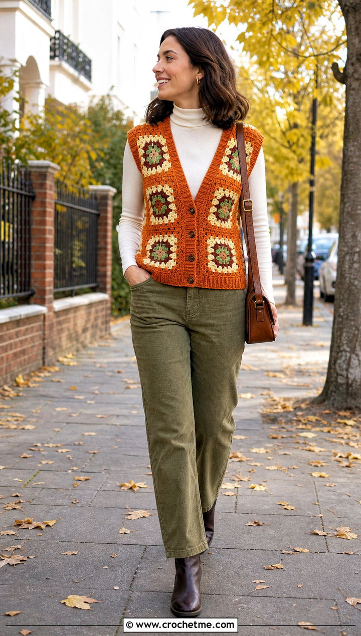 Ribbed Edge Granny Square Waistcoat With Corduroy Pants - 25 crochet granny square waistcoat outfit ideas