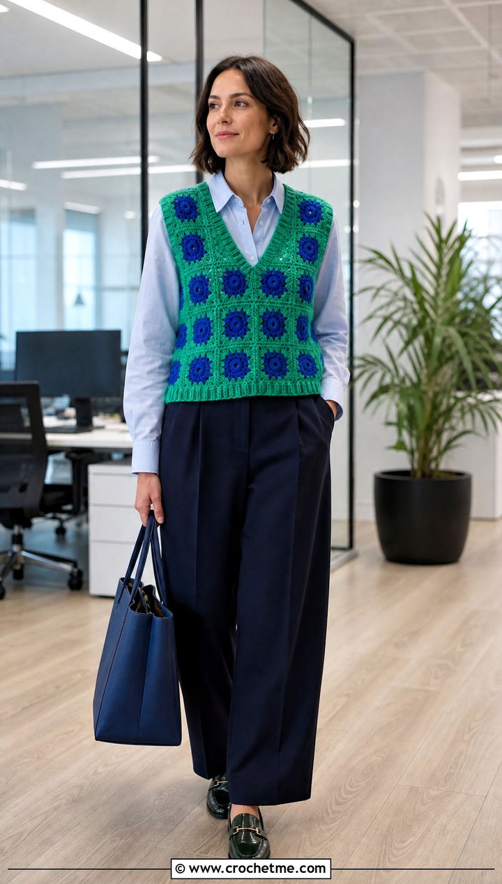 Ribbed Edge Granny Square Waistcoat With Pleated Trousers - 35 granny square waistcoat outfit ideas