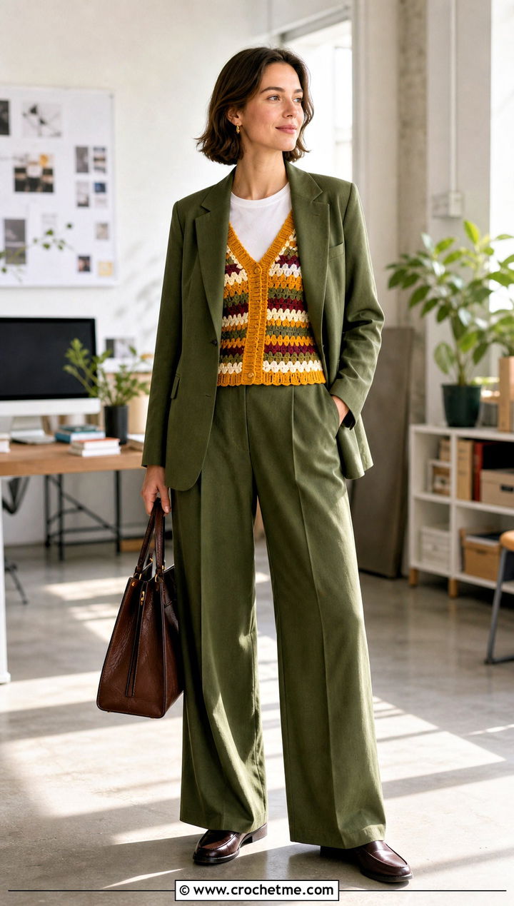 Ribbed Edge Granny Stripe Crochet Vest With Matching Suit - 15 granny stripe crochet vest outfit ideas