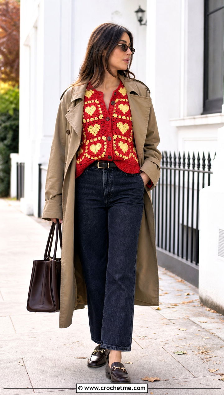 Ribbed Edge Heart Granny Square Cardigan With Khaki Trench Coat - 35 Heart Granny Square Cardigan outfit ideas