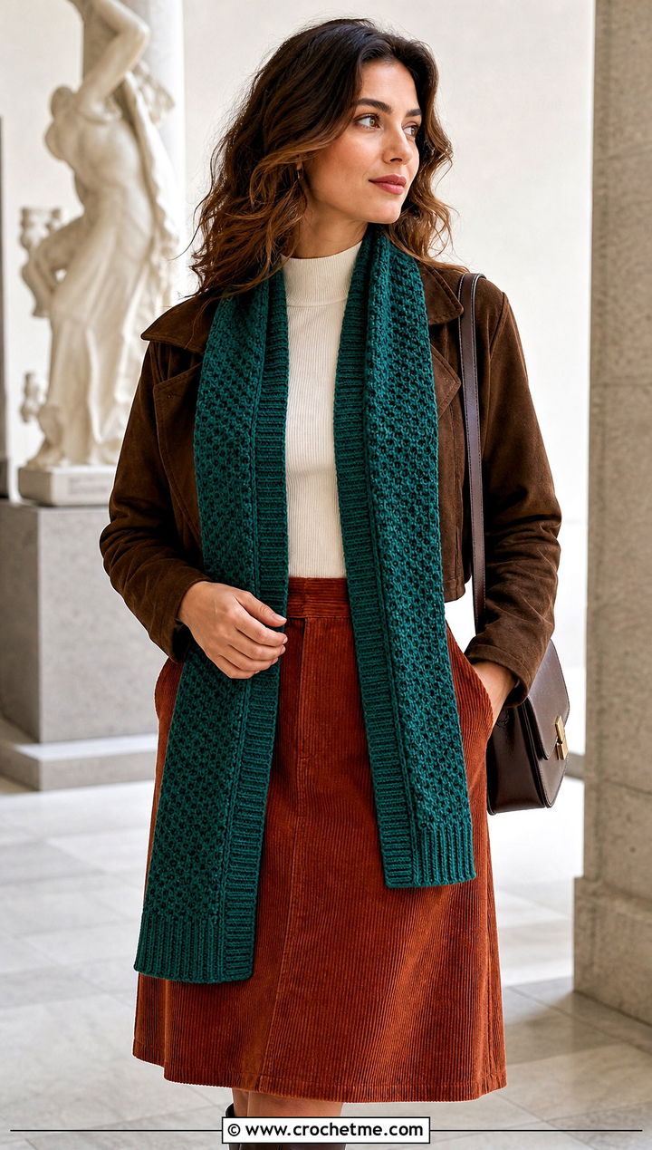 Ribbed Edge Moss Stitch Crochet Scarf With Midi Skirt - 25 Moss Stitch Crochet Scarf outfit ideas