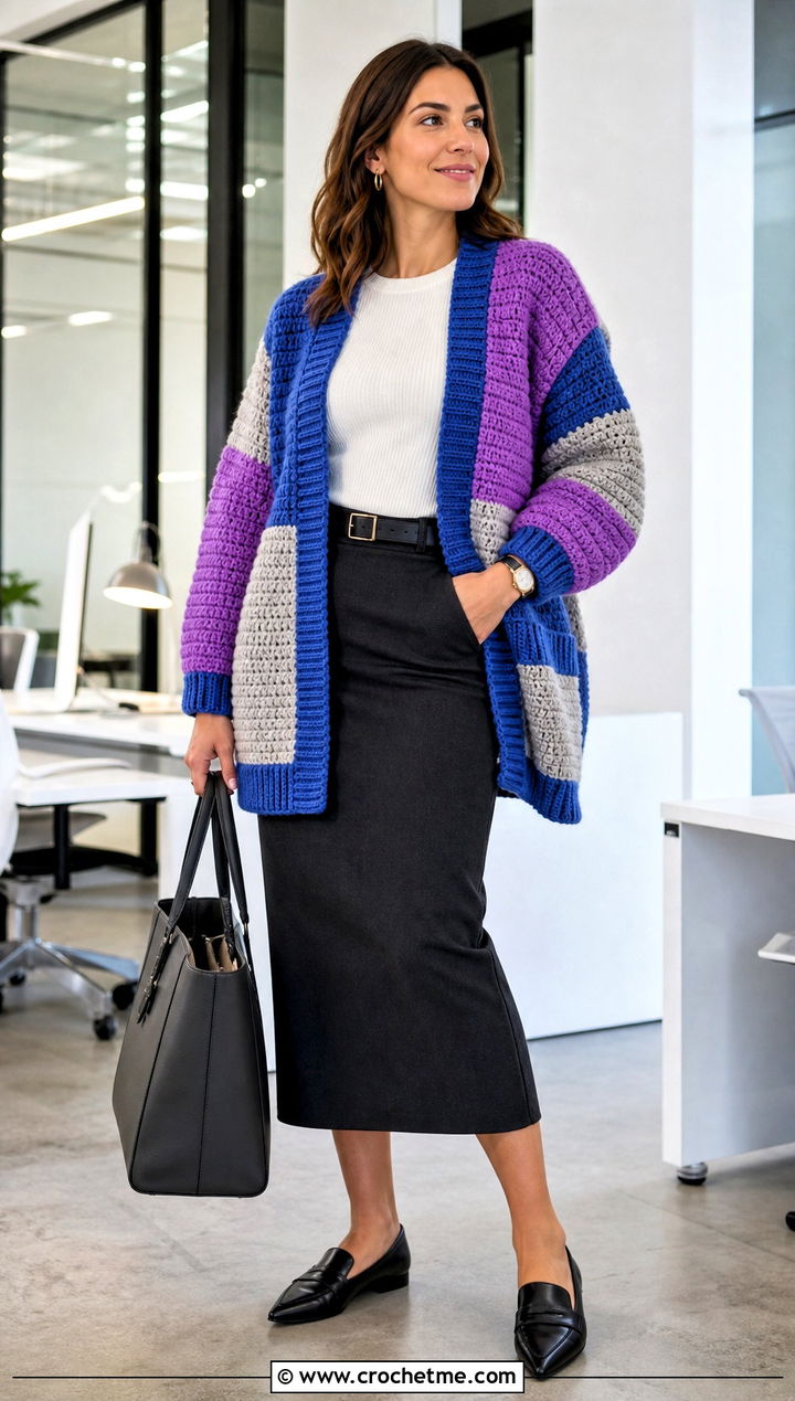 Ribbed Edge Oversized Patchwork Crochet Cardigan With Pencil Skirt - 15 oversized patchwork crochet cardigan outfit ideas