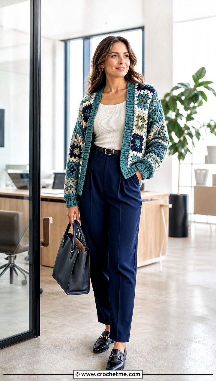 Ribbed Edge Patchwork Cardigan With Pleated Trousers - 30 crochet patch work cardigan outfit ideas