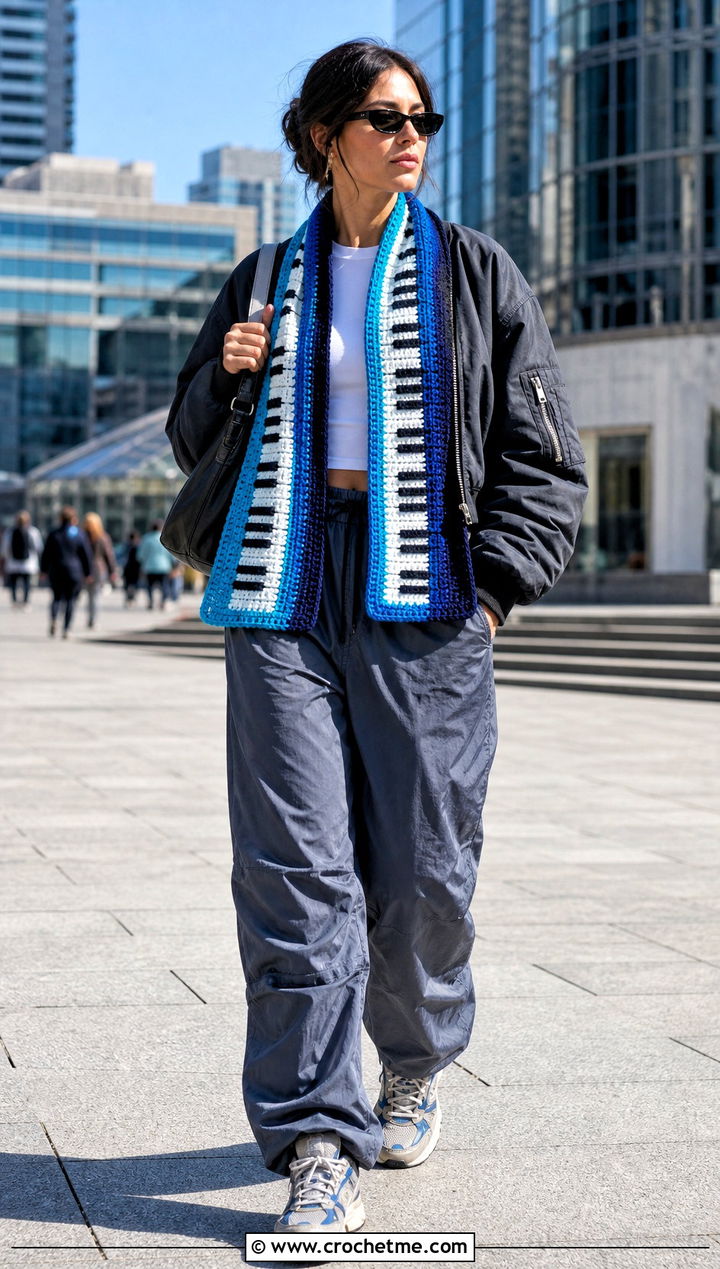 Ribbed Edge Piano Scarf With Bomber Jacket - 35 crochet piano scarf outfit ideas