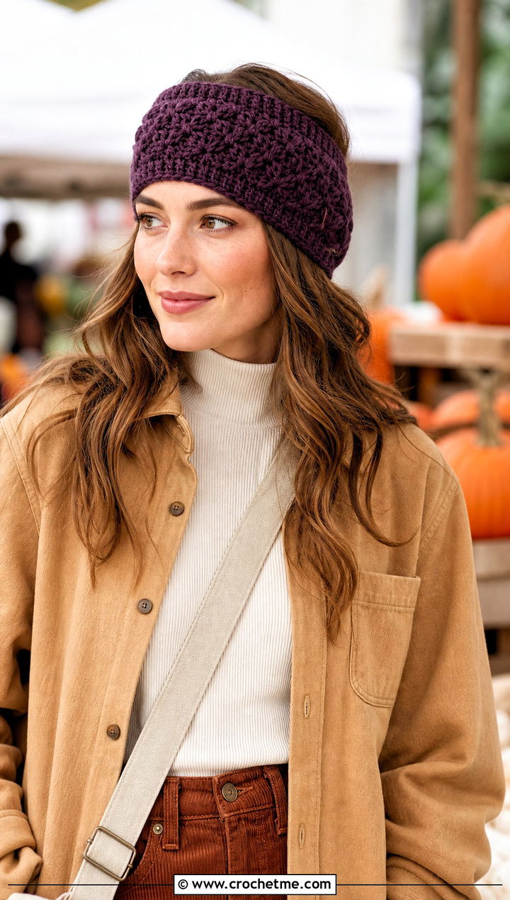 Ribbed Edge Star Stitch Ear Warmer With Shacket And Corduroy Pants - 15 Crochet Star Stitch Ear Warmer outfit ideas