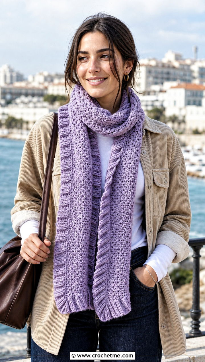 Ribbed Edge Thermal Stitch Crochet Scarf With Shacket - 20 Thermal Stitch Crochet Scarf outfit ideas