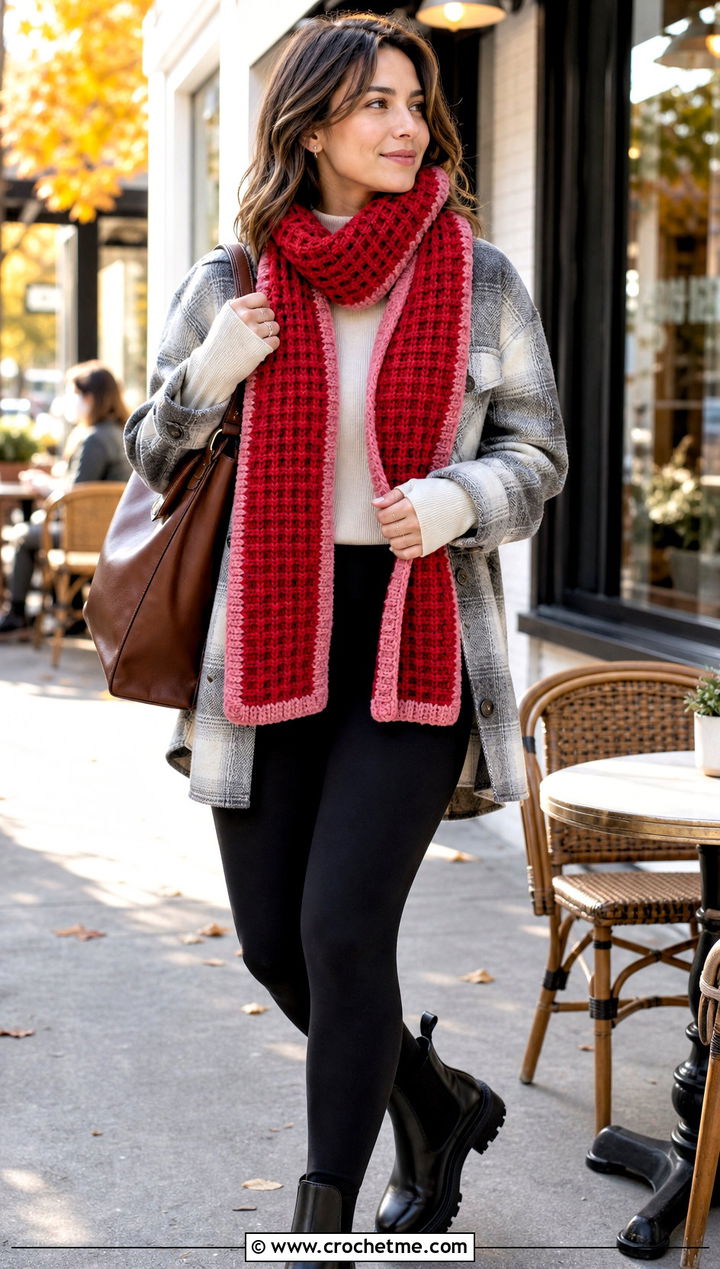 Ribbed Edge Waffle Stitch Crochet Scarf With Shacket - 30 waffle stitch crochet scarf outfit ideas