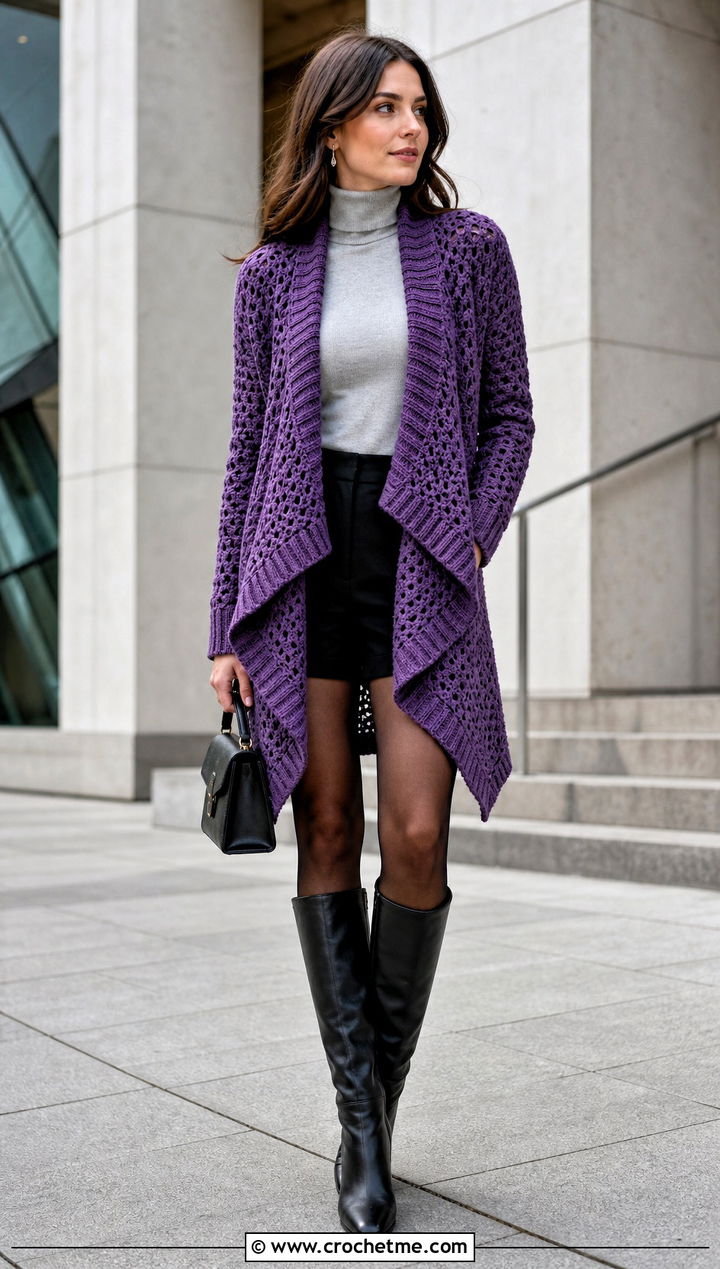 Ribbed Edge Waterfall Crochet Cardigan With Tailored Shorts - 30 crochet asymmetrical cardigan outfit ideas