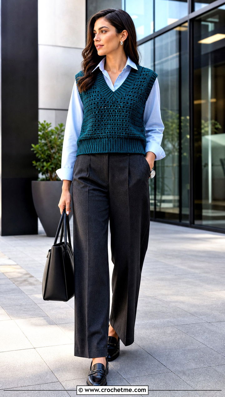 Ribbed Edge Wednesday Crochet Vest With Tailored Trousers - 30 wednesday crochet vest outfit ideas