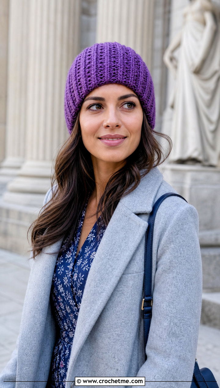 Ribbed Elsa Beanie With Wool Coat And Midi Dress - 15 Crochet Elsa Beanie outfit ideas
