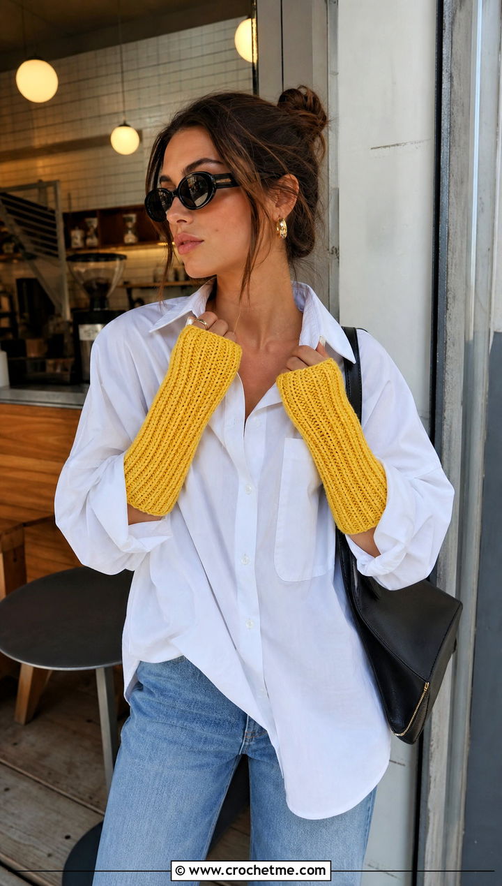 Ribbed Fingerless Crochet Arm Warmers With White Shirt And Jeans - 25 Crochet Arm Warmer outfit ideas