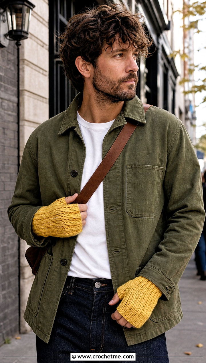 Ribbed Fingerless Crochet Gloves With Chore Jacket - 25 men's crochet gloves outfit ideas