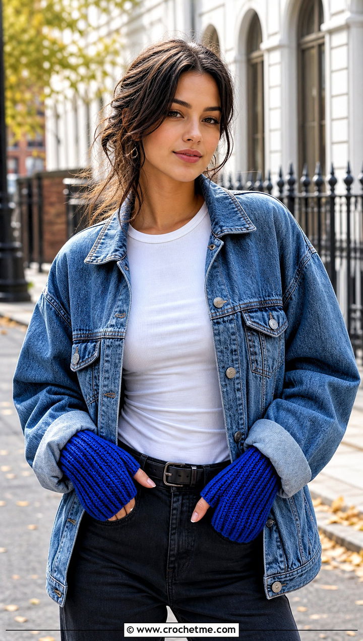 Ribbed Fingerless Crochet Gloves With Denim Jacket - 25 crochet glove outfit ideas