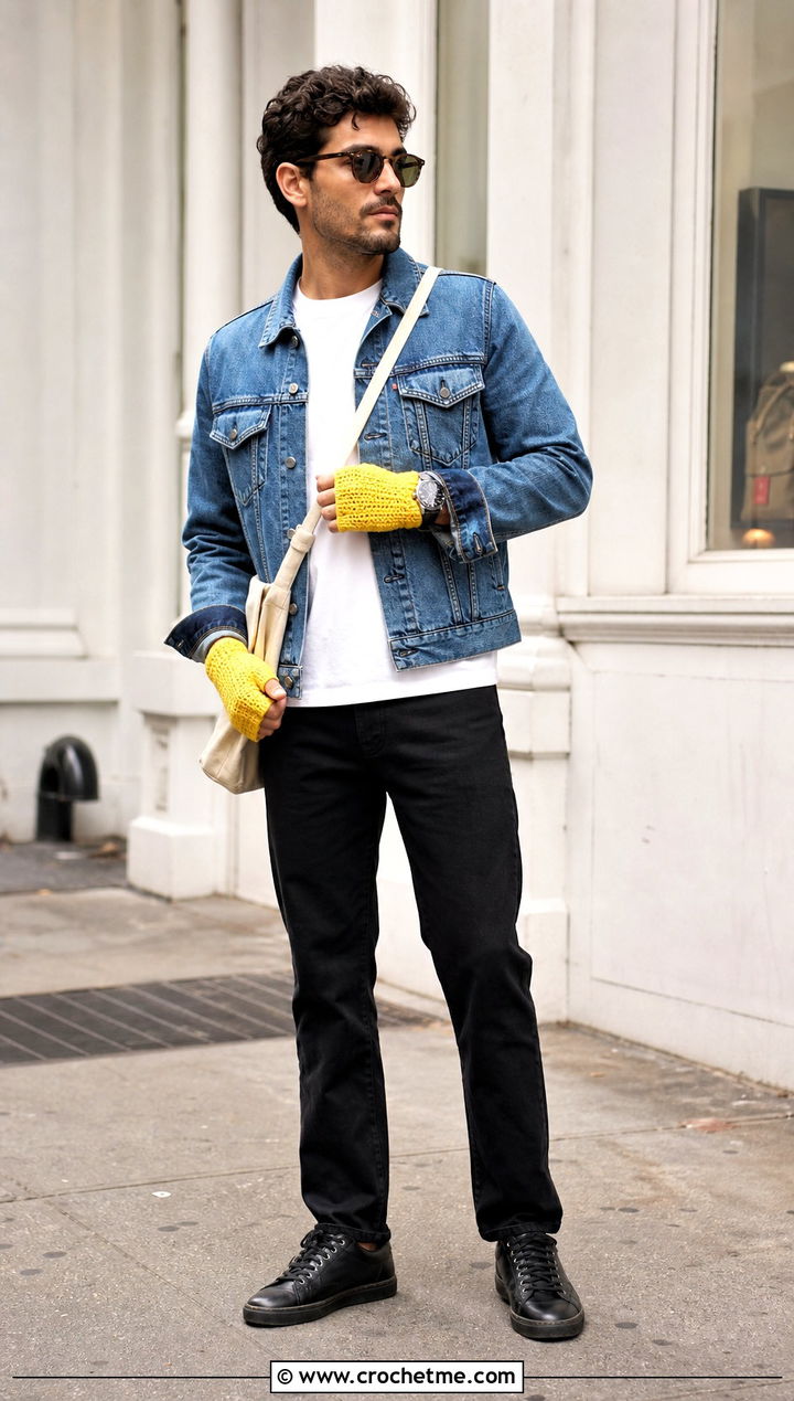 Ribbed Fingerless Crochet Gloves With Denim Jacket - 35 men crochet gloves outfit ideas