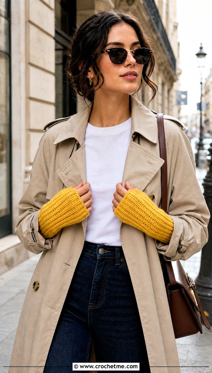 Ribbed Fingerless Crochet Gloves With Trench Coat - 30 fingerless crochet gloves outfit ideas