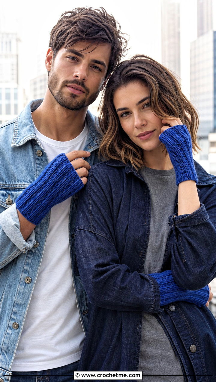 Ribbed Fingerless Gloves With Denim Jackets - 25 Crochet Gloves For Couples outfit ideas