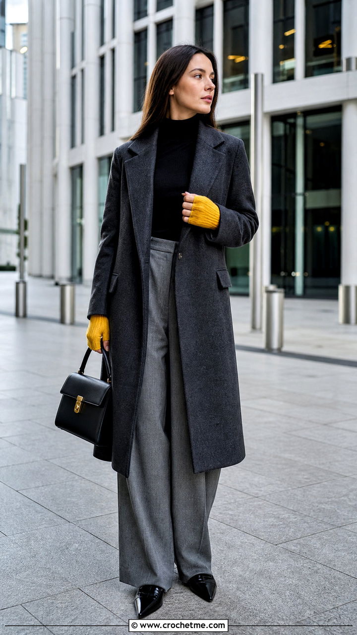 Ribbed Fingerless Gloves With Wool Coat - 35 crochet hand gloves outfit ideas