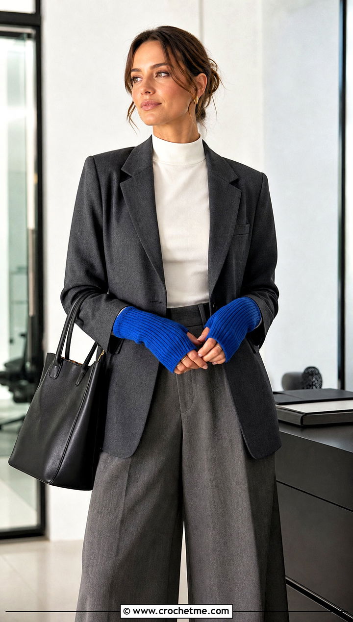 Ribbed Fingerless Mittens With Tailored Trousers - 25 Diy Crochet Fingerless Gloves outfit ideas