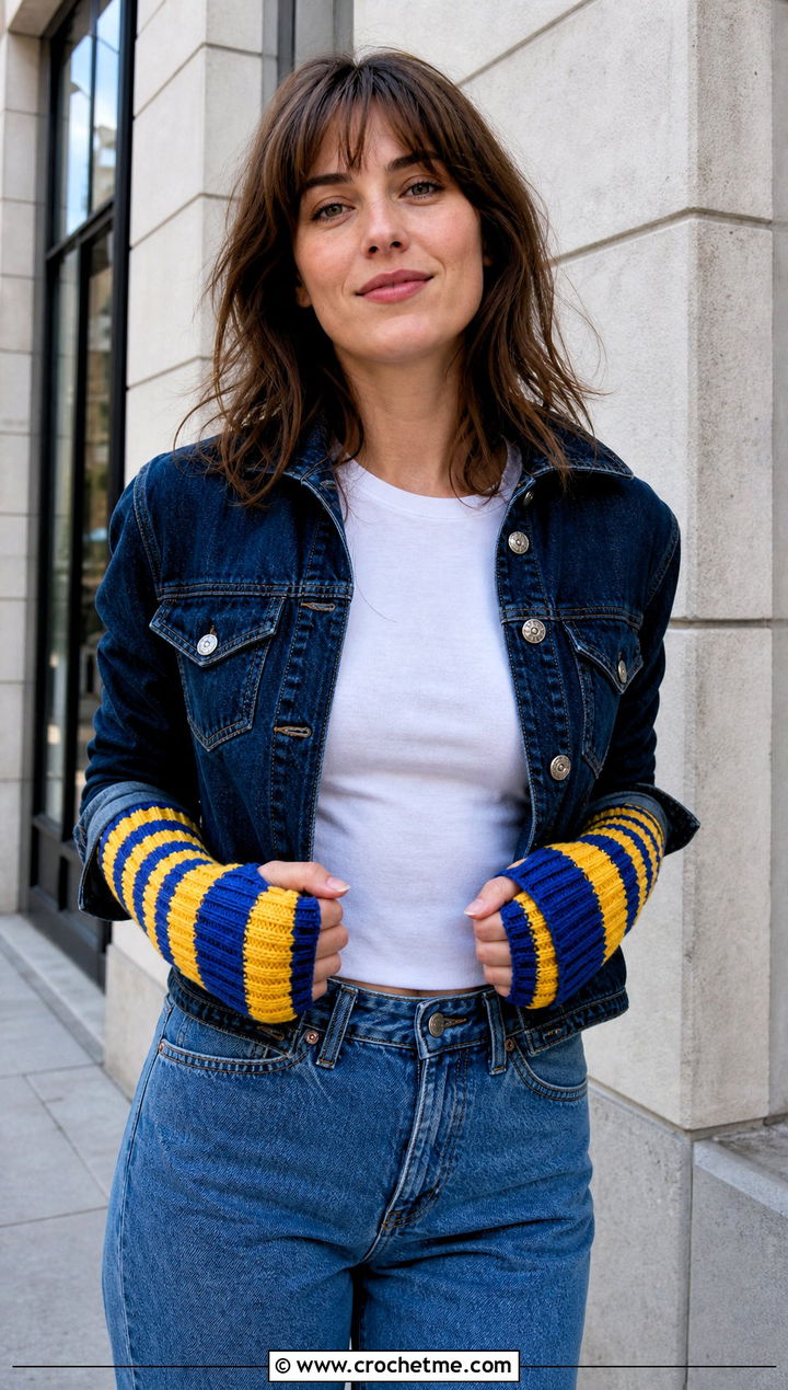Ribbed Fingerless Striped Crochet Arm Warmers With Denim - 15 Striped Crochet Arm Warmers outfit ideas