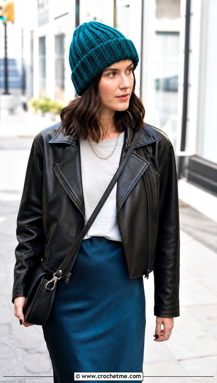 Ribbed Finn Hat With Leather Jacket And Midi Skirt - 30 crochet adventure time finn hat outfit ideas