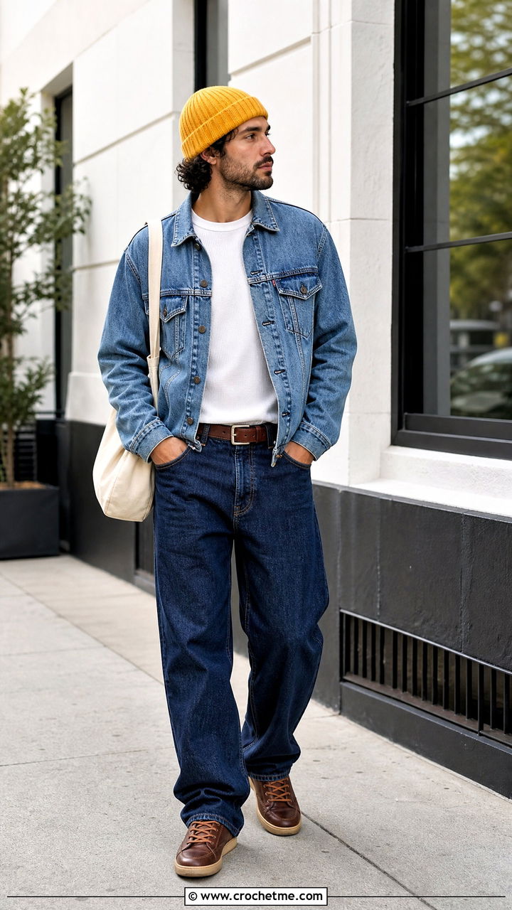 Ribbed Fisherman Crochet Beanie With Double Denim - 35 men's crochet beanie outfit ideas
