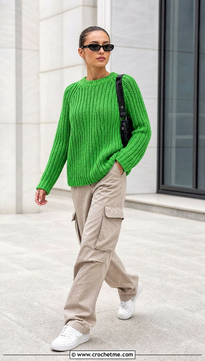 Ribbed Fisherman Crochet Sweater With Cargo Pants - 25 Fisherman Crochet Sweater outfit ideas