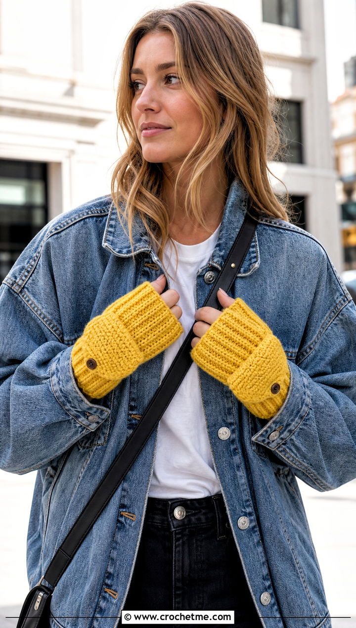 Ribbed Flip Top Crochet Gloves With Denim Jacket - 15 Convertible Crochet Fingerless Gloves outfit ideas